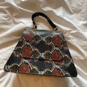 Structured Snakeskin Print Top Handle Bag Mini Satchel Crossbody Gold Hardware N
